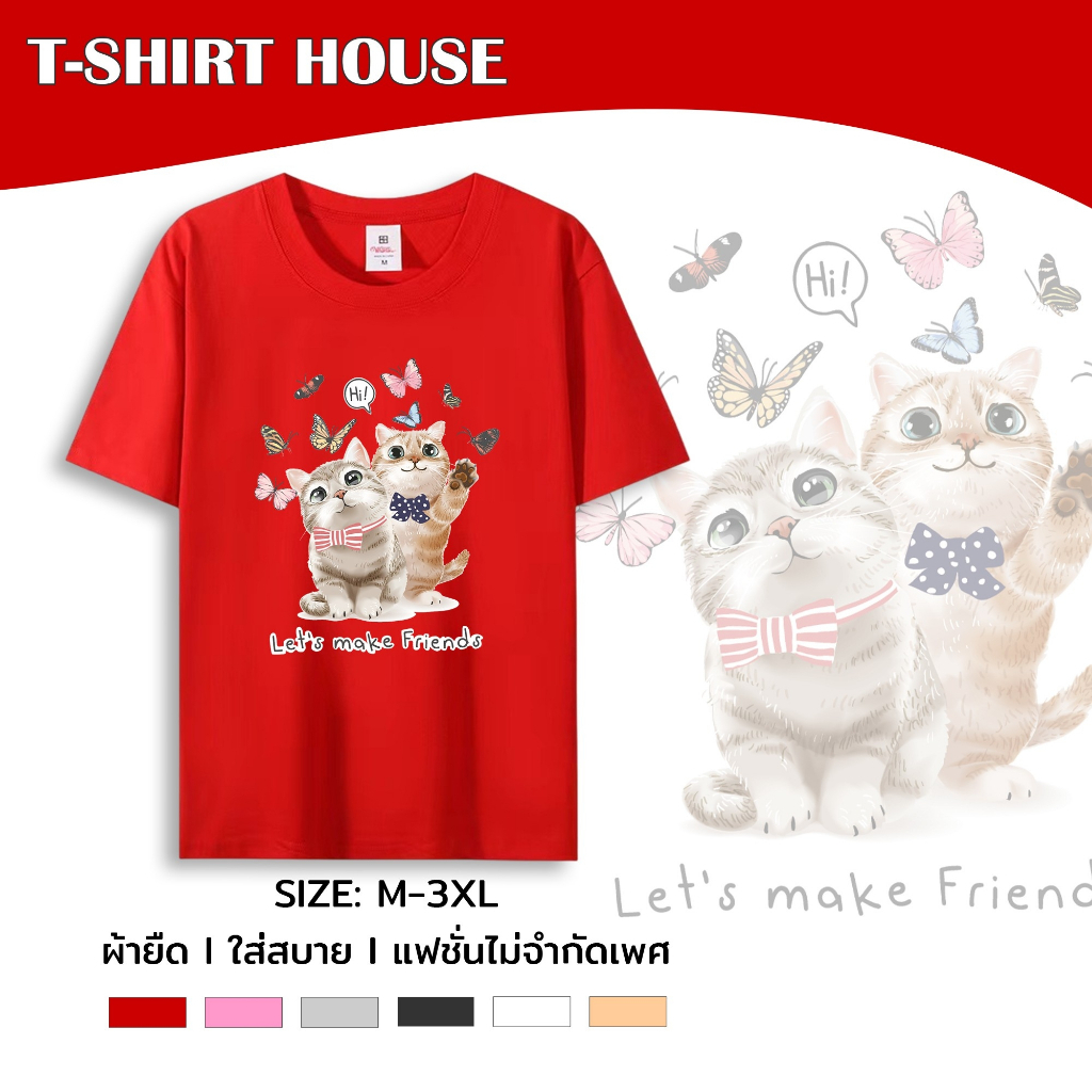 เสื้อยืด คอกลม แขนสั้น M-3XL สกรีนลายการ์ตูนแมว ผ้าคอตตอนผสม เนื้อผ้านิ่ม 038-img-28#