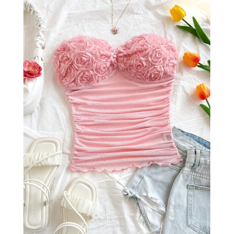 เสื้อเกาะอก ท็อปคร็อป สีชมพู กลีบดอกไม้ 3D ซับใน เรียบง่ายสำหรับวันวาเลนไทน์และชุดฤดูร้อนสำหรับผู้หญิง