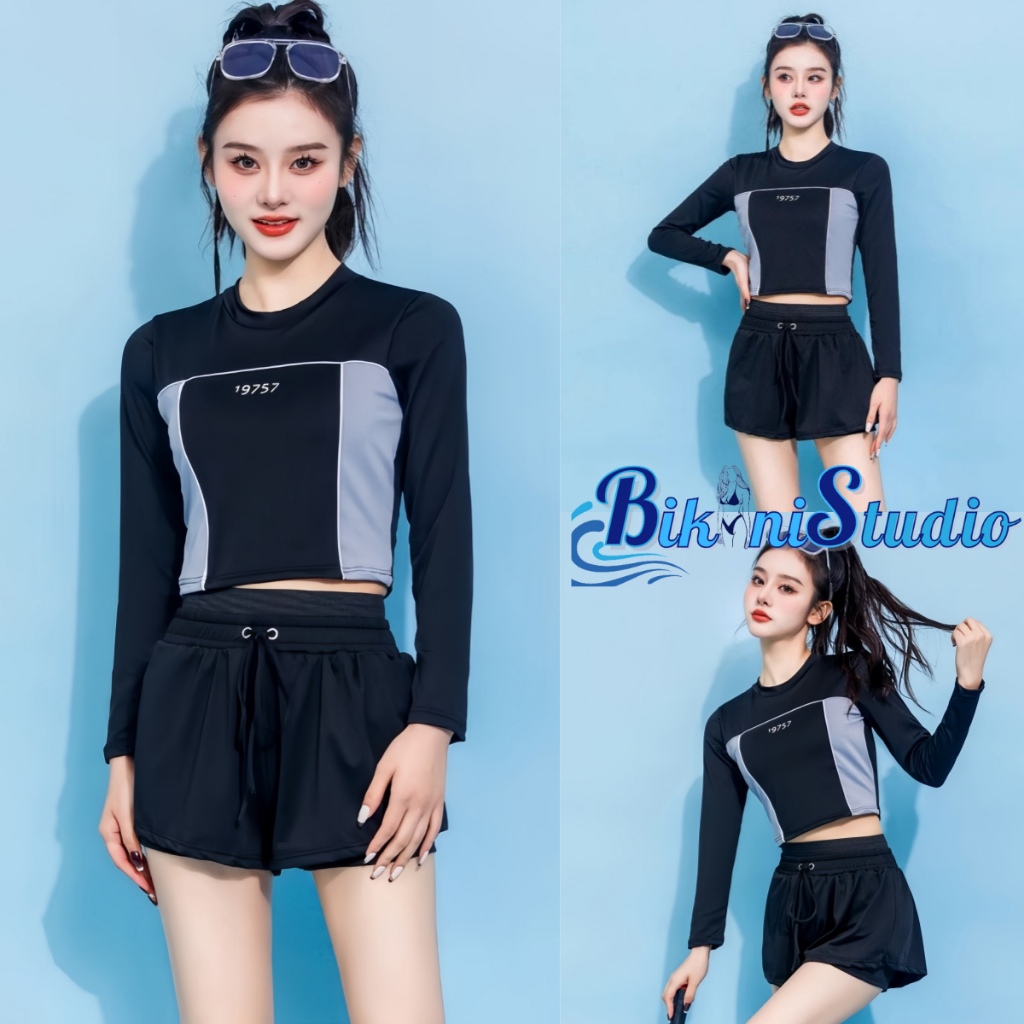 ชุดสายว่ายน้ำสายนักกีฬา ชุดกีฬาชายหาด เซ็ท 2 ชิ้น 🥤 กางเกงกระโปรง เสื้อแขนยาวกันแดด ใส่แล้วน่ารัก