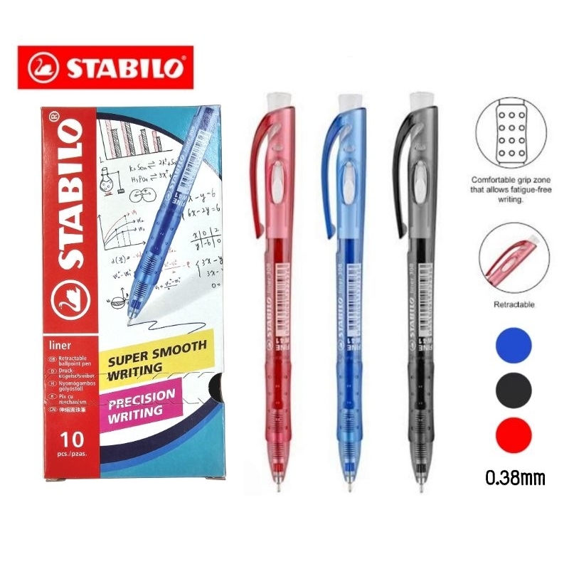 Stabilo ปากกาลูกลื่น Liner 308 ขนาด 0.38 มม. หมึกน้ำเงิน, แดง และดำ (ราคาต่อ 1 ด้าม)
