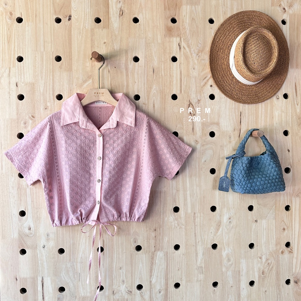 🥐เสื้ออมยิ้ม ลายลูกไม้ คอปก แขนสั้น รูดเอว #335🥐