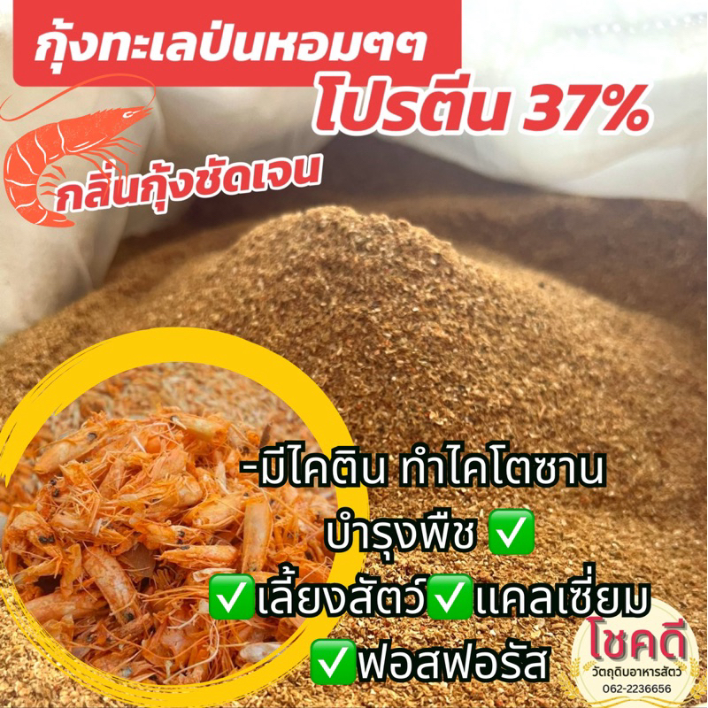 กุ้งป่นละเอียดทำจากหัวกุ้ง เปลือกกุ้ง ใช้เลี้ยงสัตว์ มีกลิ่นหอมใช้ทำเหยื่อตกปลาได้