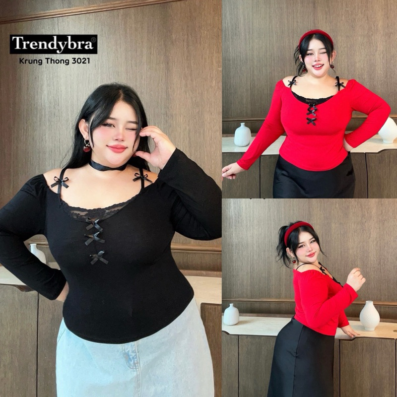 /TB/ เสื้อสาวอวบ ปาดไหล่ ตัดต่อลูกไม้ แต่งริบบิ้น #เสื้อผ้าไซส์ใหญ่ สาว อ้วน พลัสไซส์