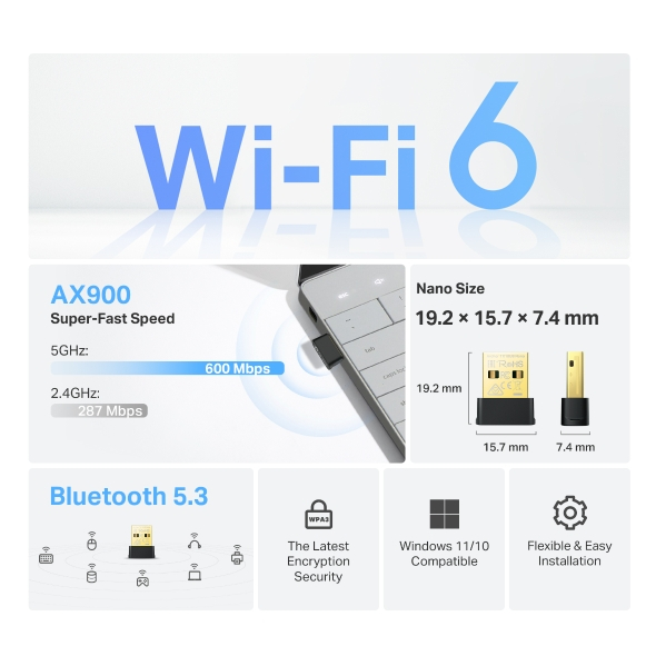TP-Link Archer TX10UB Nano ยูเอสบีอะแดปเตอร์ บลูทูธ 5.3 AX900 Nano Wi-Fi 6 Bluetooth 5.3 USB Adapter ประกัน Limited Lime