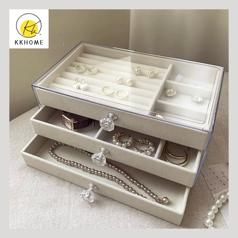 KKHOME กล่องเก็บเครื่องประดับ เก็บต่างหู กล่อง ลิ้นชัก3ชั้น ที่เก็บเครื่องประดับ จัดเก็บแบบแยกโซน