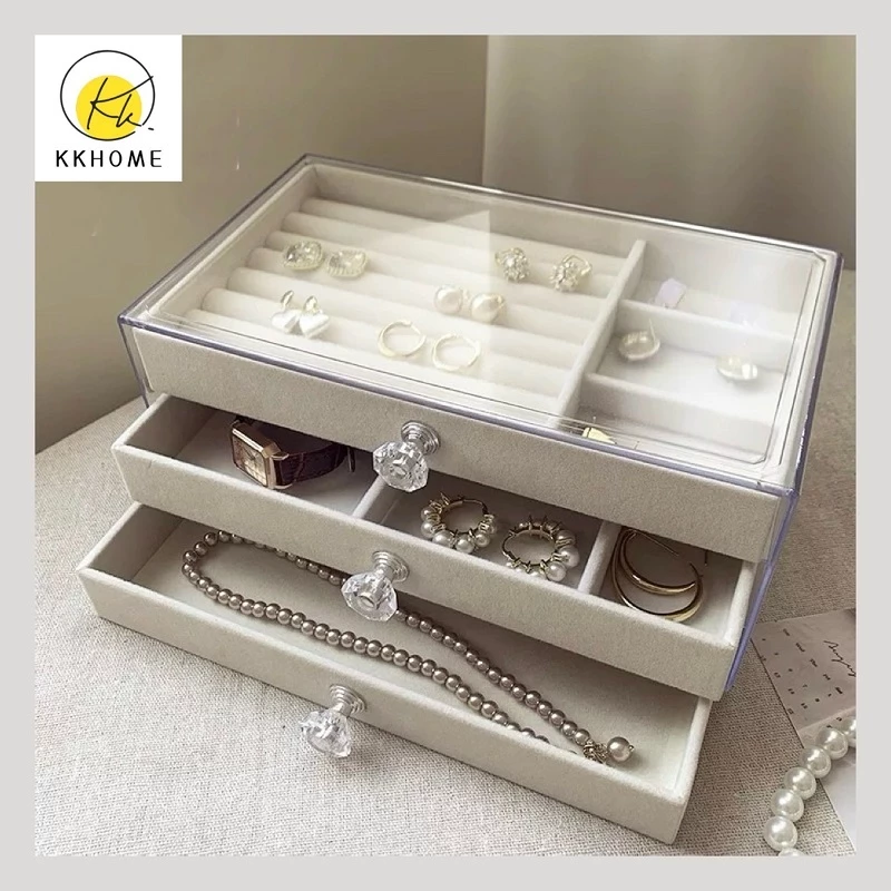 KKHOME กล่องเก็บเครื่องประดับ เก็บต่างหู กล่อง ลิ้นชัก3ชั้น ที่เก็บเครื่องประดับ จัดเก็บแบบแยกโซน