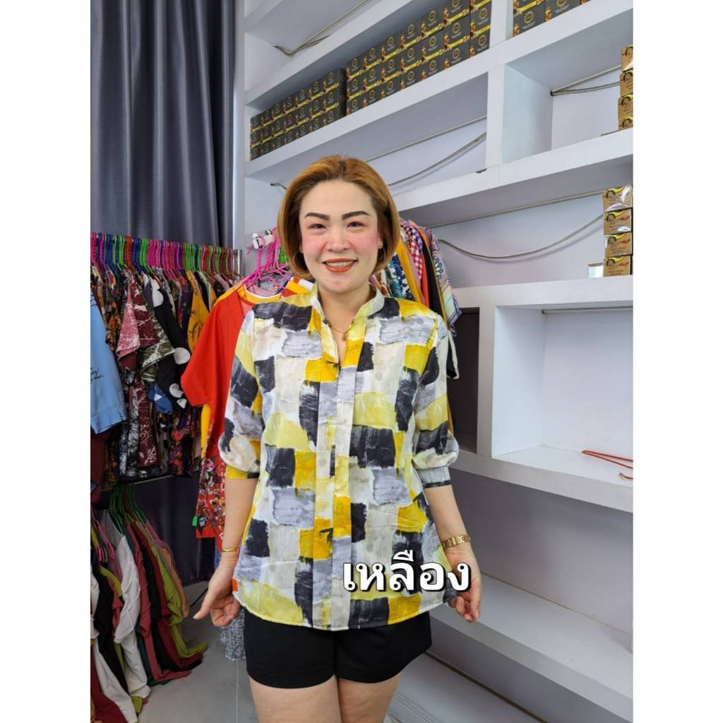 ++ฟรีไซส์++C27///เสื้อคอจีนแขนศอกลายตารางสดผ้าไหมเกาหลี ฟรีไซ42-46นิ้ว ยาว27นิ้ว หน้าผ้า46นิ้ว ราคา1