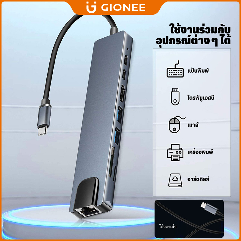 พร้อมส่ง 8-in-1 อะแดปเตอร์ฮับการ์ดรีดเดอร์ USB Type-C Hub RJ45 เครื่องอ่านการ์ด PD สําหรับ Macbook คอมพิวเตอร์โน้ตบุ๊ค