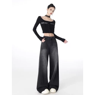 (S-3XL) Jinjeans กางเกงยีนส์ขากระบอกสีเทา แต่งเฟด (909เฟดหน้า-หลัง) Clothing ผู้หญิง เสื้อผ้า Women Lady