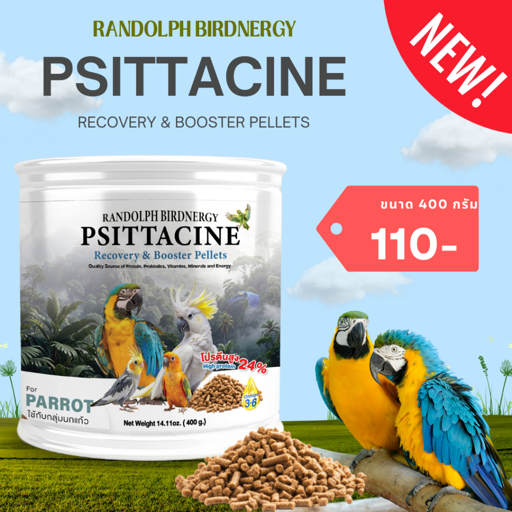 Randolph Birdnergy PSITTACINE 400g.อาหารเสริม วิตามินและแร่ธาตุ โปรตีนสูงถึง 24 % สำหรับนกแก้วทุกสายพันธุ์ {สินค้าใหม่ }