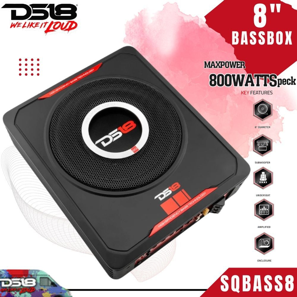 ซับวูฟเฟอร์ติดรถยนต์ มีแอมป์ในตัว ยี่ห้อ DS18 รุ่น SQBASS8 ขนาด 8 นิ้ว กำลังขับสูงสุด 800W