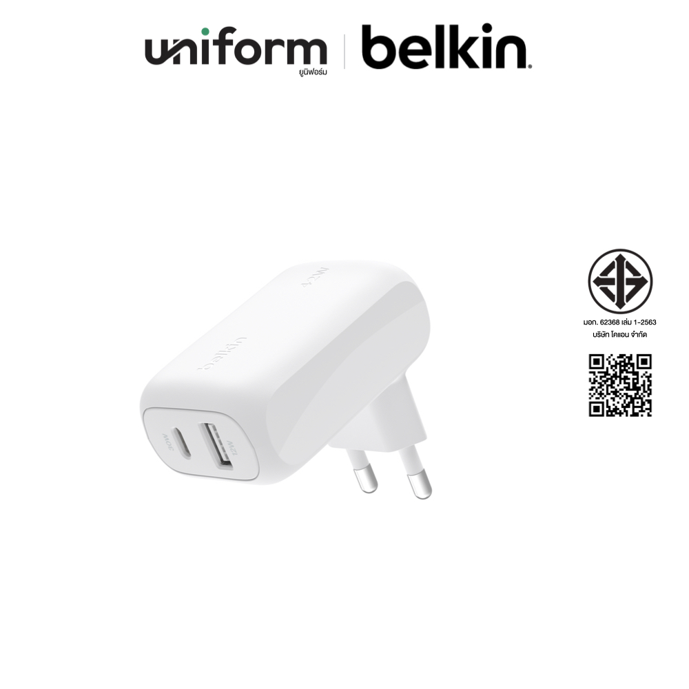 หัวชาร์จ Belkin BOOST CHARGE Dual USB-C 30W and USB-A 12W PPS Charger 42W TH