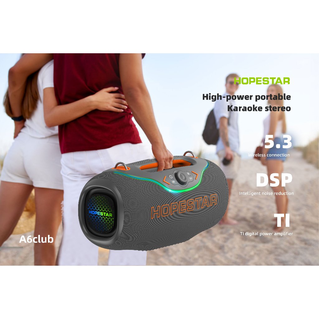 Hopestar A6Club ลำโพงบลูทูธ 200วัตต์ พร้อมไมค์ลอย1อัน ลำโพง3ดอก มีไฟRGB ปรับเบส3โหมด ของแท้100%
