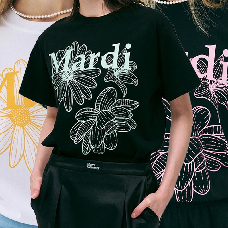 mardi mercredi เสื้อ แท้ กรม เสื้อนืด เสื้อดอก TSHIRT TRIPLE FLOWER_BLACK PINK