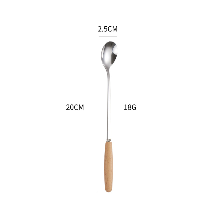 ช้อนยาว 20 cm สแตนเลส 304 ด้ามไม้แท้ ช้อนคนส่วนผสม ชงน้ำ ชงเครื่องดื่ม คนกาแฟ