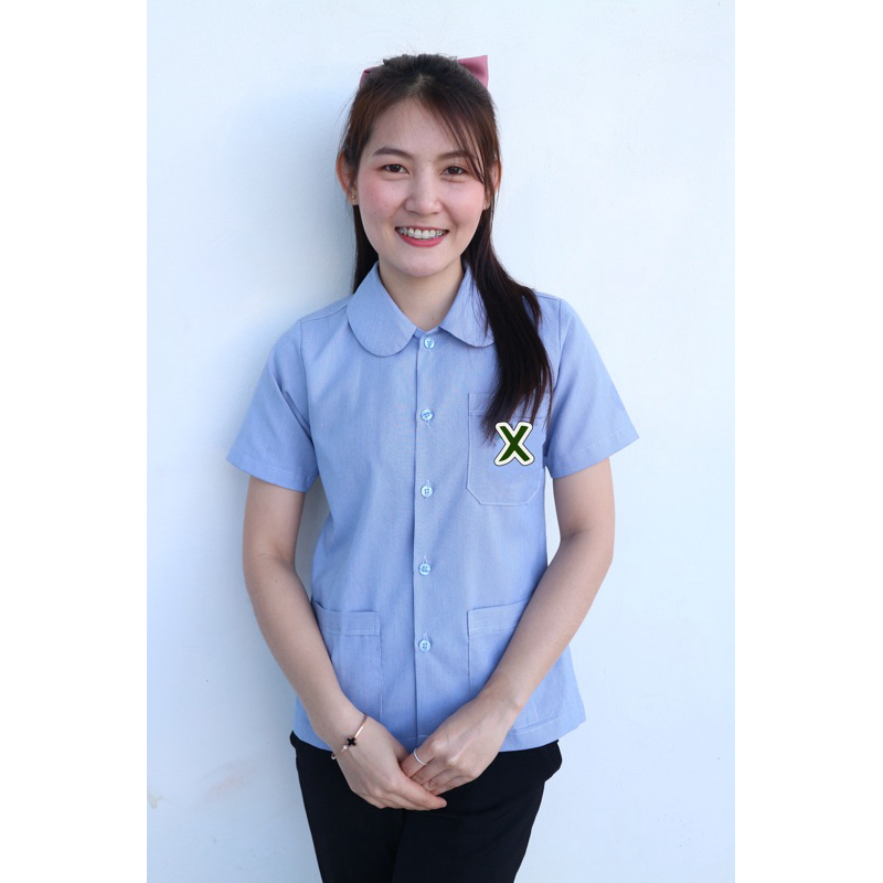 เสื้ออนามัย เสื้อชุมชน คอบัว ลายริ้วสีฟ้า