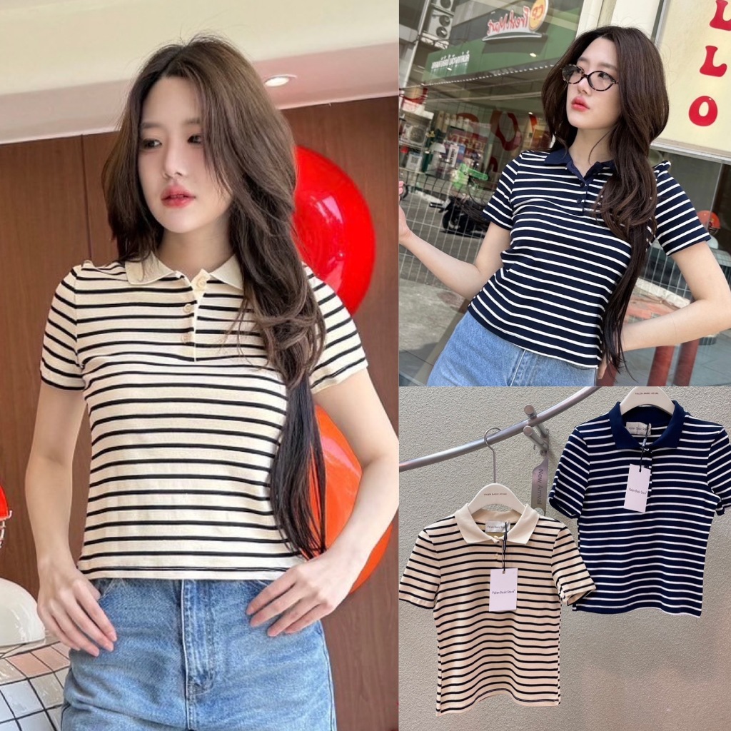 🍊 VL “Stripe basic  เสื้อคอปกโปโล ผ้าทอลายริ้ว จับคู่โทนสีได้ละมุนเกาหลีเกาใจสุดๆ