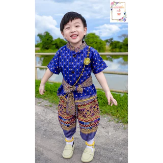 📮พร้อมส่ง📮ชุดเด็กผ้าไทยรายตะขอสีน้ำเงินขับผิวดูผู้ดีมาก น่ารักสะดุดตาเนื้อผ้าฝ้ายพิมพ์ลายใส่สบายไม่ร้อนชุดเซ็ท3ชิ้น