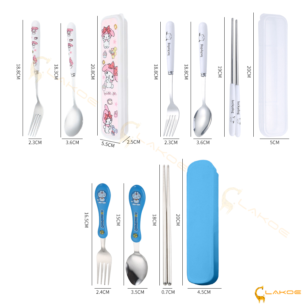 LAKOE ช้อนส้อม ชุดช้อนพกพา ช้อนกับส้อม โต๊ะอาหารรูปแบบการ์ตูนพร้อมกล่อง ชุดช้อนส้อม เด็ก ชุดช้อนส้อมเด็กอนุบาล