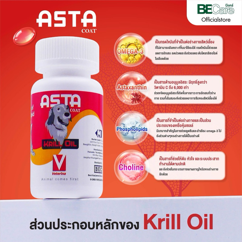 Asta krill Oil Exp.01/11/2026 ผลิตภัณฑ์เสริมอาหาร โอเมก้า 3 จำนวน 50 เม็ด