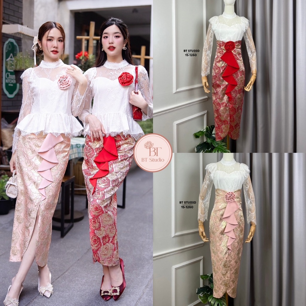 BT 15-1260 งานลดราคา เคลียร์สต็อก ราคาพิเศษ  เซท 3 ชิ้นเสื้อลูกไม้แขนยาวแต่งระบายคอปิด ตรงกลางมีซับใ