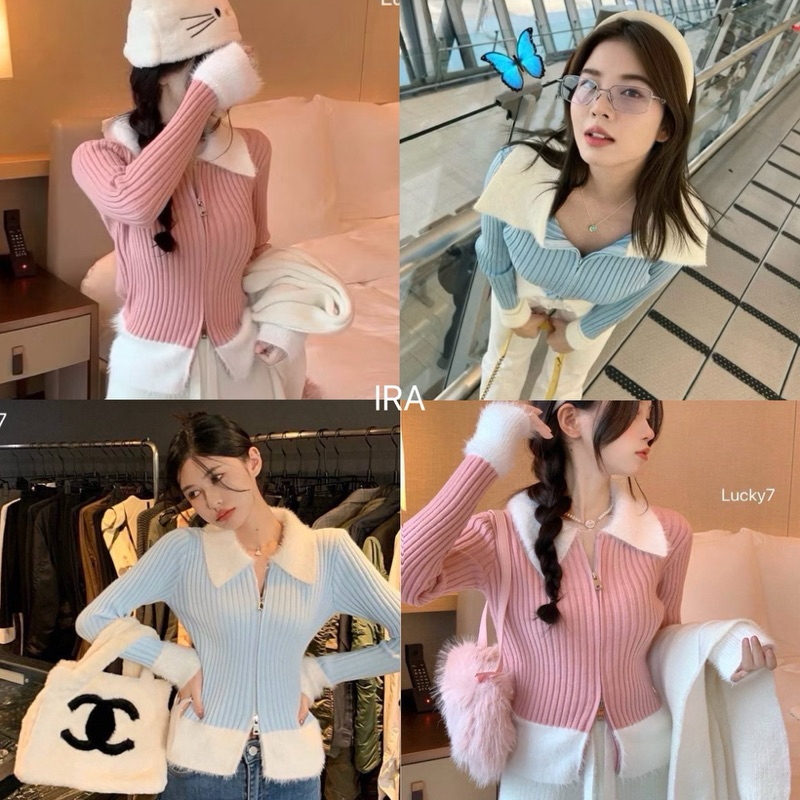 BY IRA Nimnim Crop top พร้อมส่ง เสื้อไหมพรมแขนยาว คอปก มีซิป2หัวด้านหน้า ขนนิ่ม ตรีมคริสต์มาส