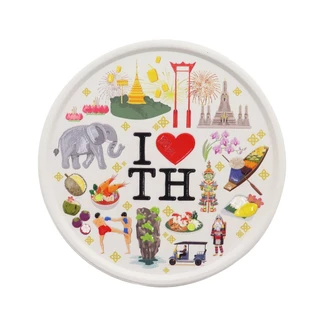 จานรองแก้วดูดน้ำ ทรงกลมมีขอบ ลาย I Love Thailand ที่รองแก้วซับน้ำ King Coaster ธนบดีเซรามิคลำปาง ceramic coaster ของฝาก