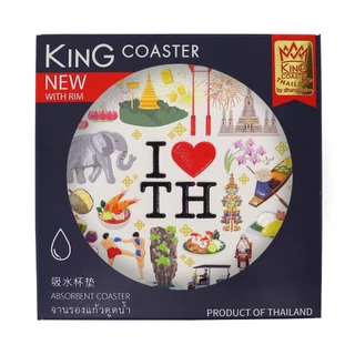 จานรองแก้วดูดน้ำ ทรงกลมมีขอบ ลาย I Love Thailand ที่รองแก้วซับน้ำ King Coaster ธนบดีเซรามิคลำปาง ceramic coaster ของฝาก