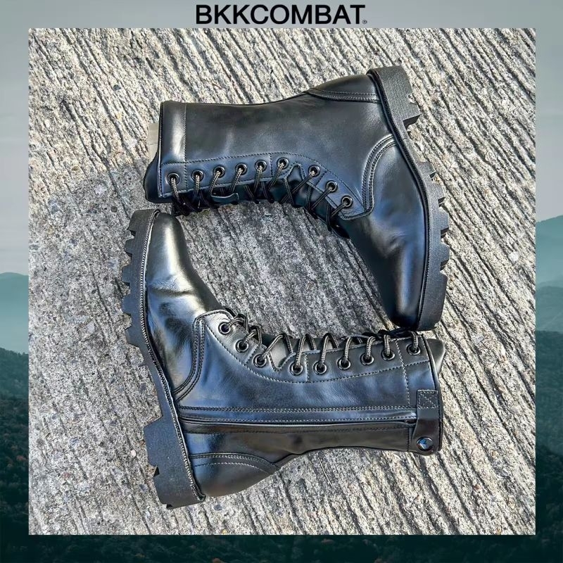 คอมแบท bk009S ซิป พื้น อส. สูง10นิ้ว หนังวัวแท้ หนังนิ่มขัดเงา ทรงหัวแหลมแนะนำใส่ +1ไซส์