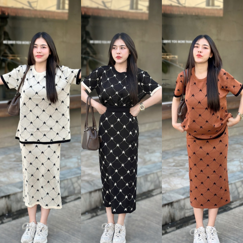 ชุดเซ็ต2ชิ้น เสื้อคอกลมแขนสั้น คู่กับกระโปรงทรงถ่วงยา 💖 ผ้าไหมพรมยืดเยอะมาก เรียบหรูดูแพง รุ่น เซตนิวจิ๋ว