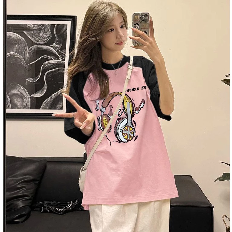 เสื้อยืดสวยๆผู้หญิงที่กําลังฮิต  oversize เสื้อผ้าแฟชั่นไซส์ใหญ่น่ารัก เสื้อโอเวอร์ไซส์เกาหลี สีทูโทน พิมพ์ลายวินเทจ thumbnail 3