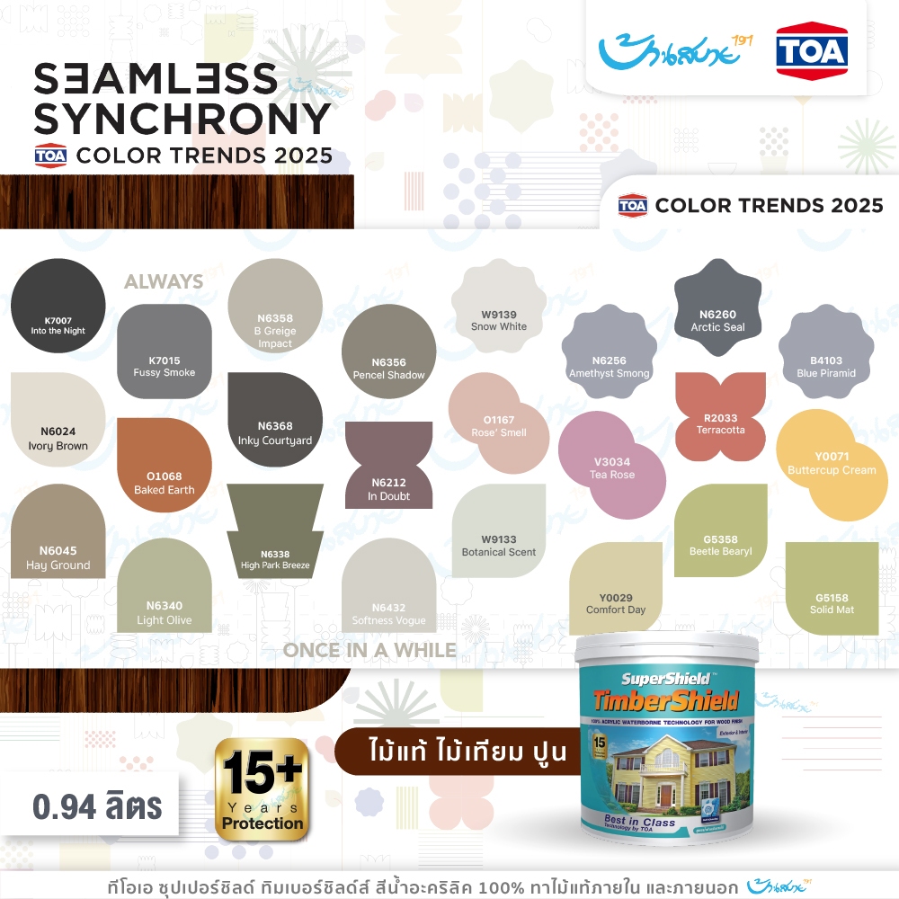สีทาไม้ TOA ซุปเปอร์ชิลด์ เฉด 2025 ทิมเบอร์ชิลด์ ชนิดเนียน เกรด 15 ปี timbershield สีทาไม้แท้ เทียม ผนังไม้ สีกลิ่นอ่อน