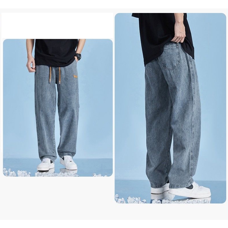 Fancy Fashion กางเกงยีนส์ยาวชาย ทรงกระบอกเอวสูง ใส่สบาย เอวยางยืด ปรับเอวด้วยเชือก เท่ๆเข้ากับทุกแนว - รูปที่ 4