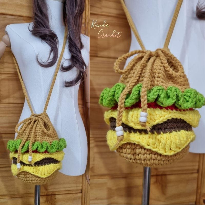 กระเป๋าถักทรงถังป๊อปคอร์น Popcorn/Beer/Hamburger bag crochet 🍿🍺🍔