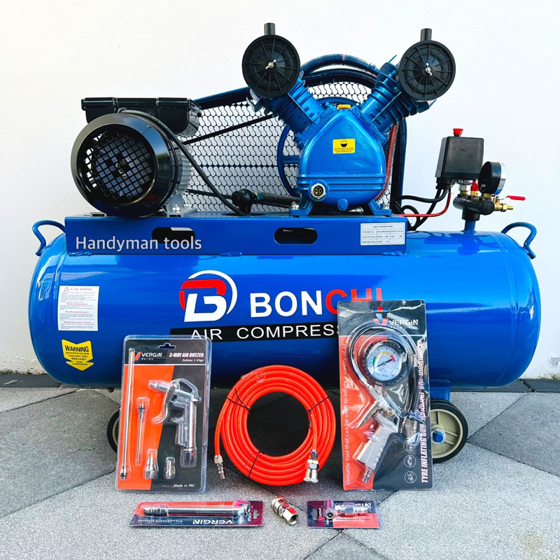 BONCHI ปั๊มลม ถังลม ปั๊มลมสายพาน ขนาด 120 ลิตร มอเตอร์ 2 สูบ 3 แรงม้า มาพร้อมอุปกรณ์ 6 อย่าง (สินค้ามีตัวเลือก)