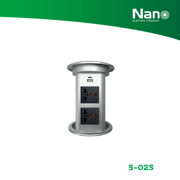 NANO เต้ารับฝังโต๊ะ 2 เต้ารับ + USB + แท่นชาร์จไร้สาย (1 ชิ้น/กล่อง) รุ่น S-02