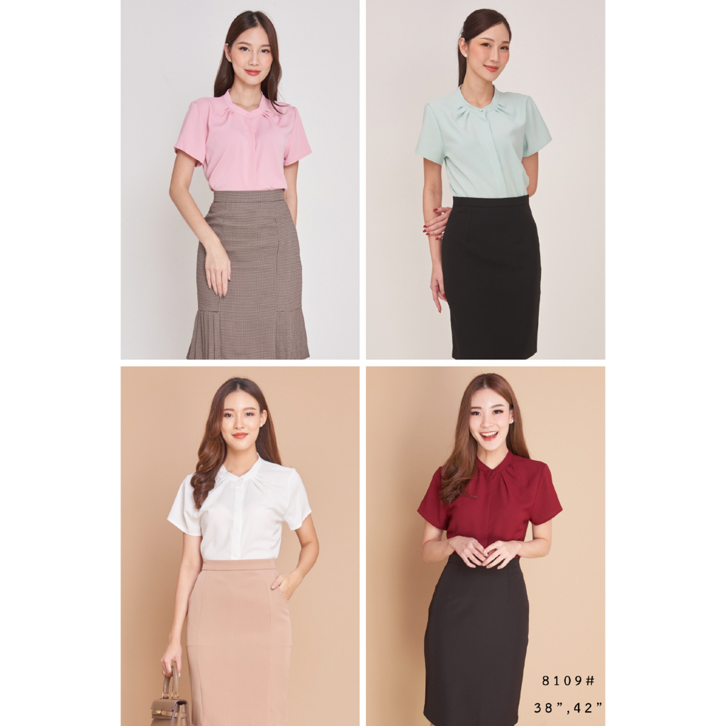 Laboratory  8109# เสื้อทำงานทรงจีบคอกระดุมหน้าแต่งสาบซ่อนแขนสั้นไซส์ 36,38,42