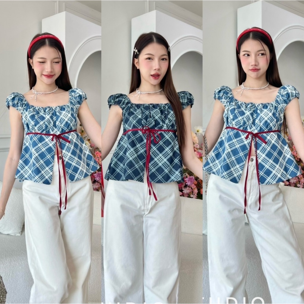 เสื้อครอปแขนตุ๊กตา ผ้ายีนส์ งานเสื้อครอปน่ารักๆสียีนส์แต่งลูกไม้ แขนตุ๊กตาแต่งโบว์แดง น่ารักแนวคาเฟ่ ป้าย PROD. (P011)