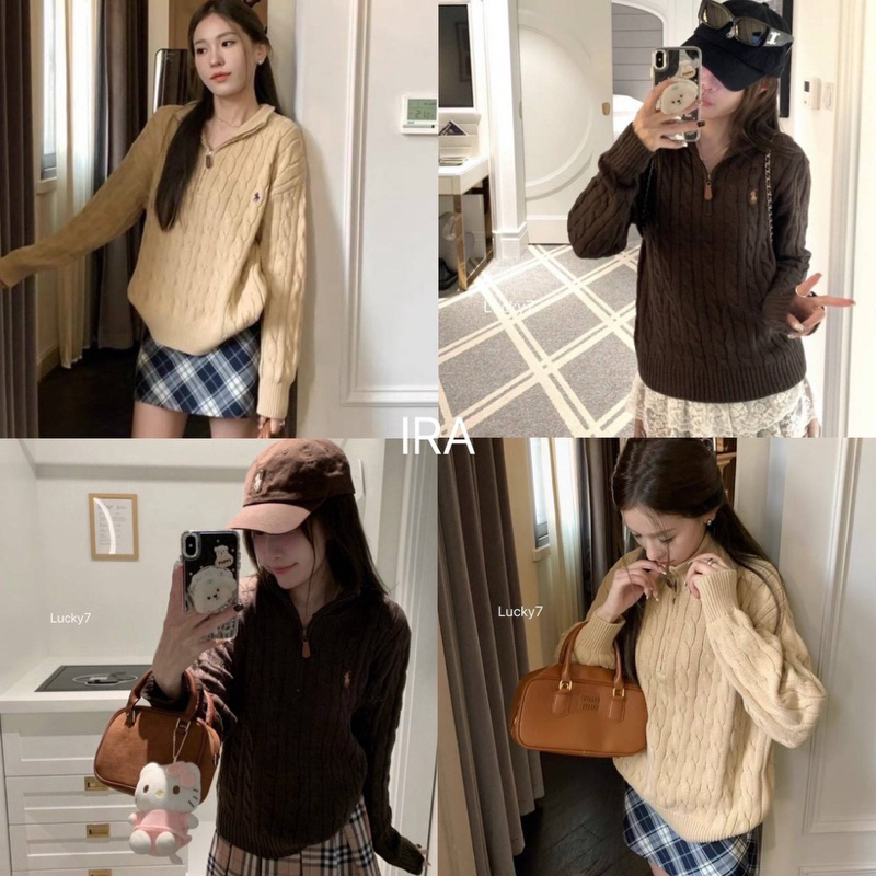 BY IRA (1471)เสื้อสเวตเตอร์คอเต่าครึ่งตัวแบบสวม งานซิป แต่งเกลียว ผ้าหนานุ่ม