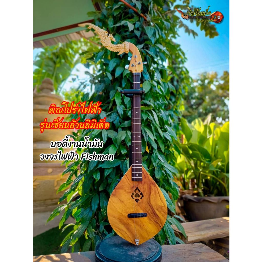 พิณโปร่งไฟฟ้ารุ่นเซียนอ้วนลิมิเต็ด ทำจากไม้ขนุนงานน้ำมัน บอร์ดไม้แต้ดำ 3 สาย 15 เฟรต วงจรไฟฟ้า Fishman