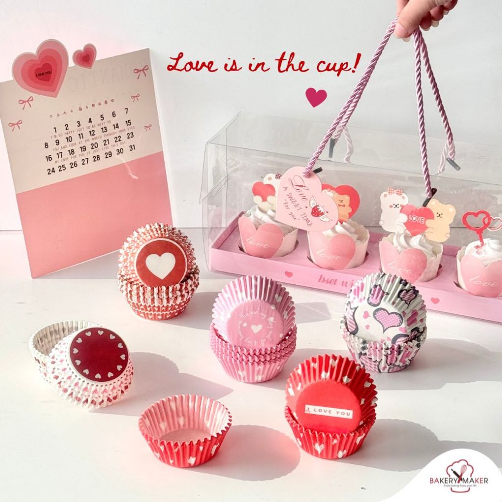ถ้วยคัพเค้ก หัวใจ แพค100ใบ มี 6 แบบให้เลือก กระทงกระดาษ  สีชมพู วาเลนไทน์ Valentine cupcake  ถ้วยจีบ รองขนม