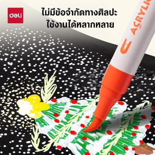 Deli ปากกาอะคริลิค (12/24/36/48 สี) ปากกามาร์คเกอร์อะคริลิค แบบ 2 หัว กันน้ำ ด้ามกลม