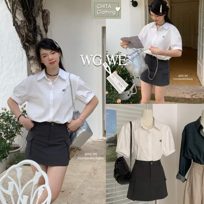พร้อมส่ง 7537 : Set 2 pcs. เสื้อเชิ๊ตคอปก มาพร้อมกระโปรงคาโก้ TAG WG.WE