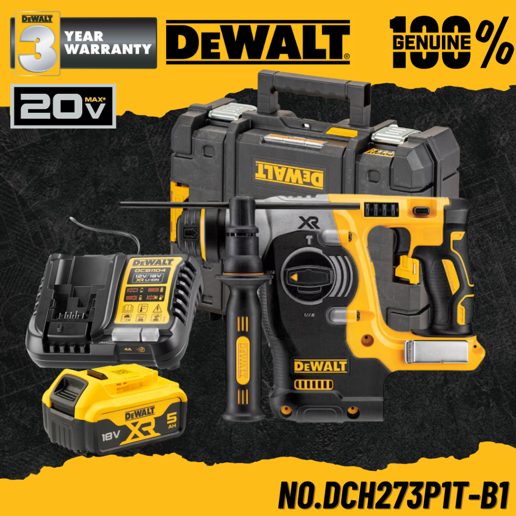 DEWALT สว่านโรตารี่ไร้สาย SDS-Plus 26 mm. พร้อมแบตเตอรี่ 5.0AH No.DCH273P1T-B1