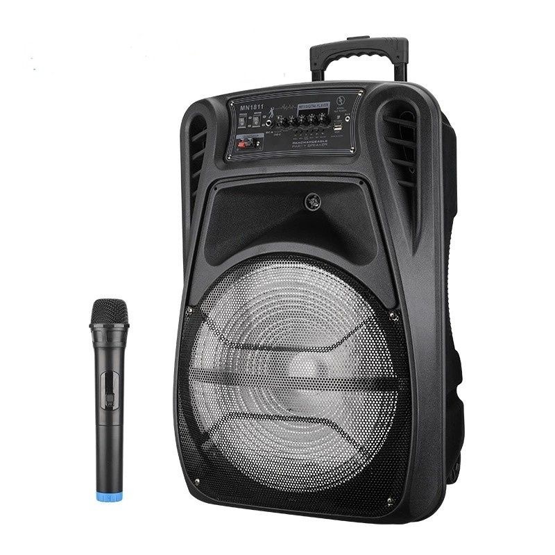 MN1811 ตู้ลำโพง 18 นิ้ว ตู้ลำโพงขยายเสียงเคลื่อนที่มีคันชักล้อลากเสียงดีเบสหนักมากๆ ปรับแอคโค่ได้ แถมไมค์ลอย รีโมท