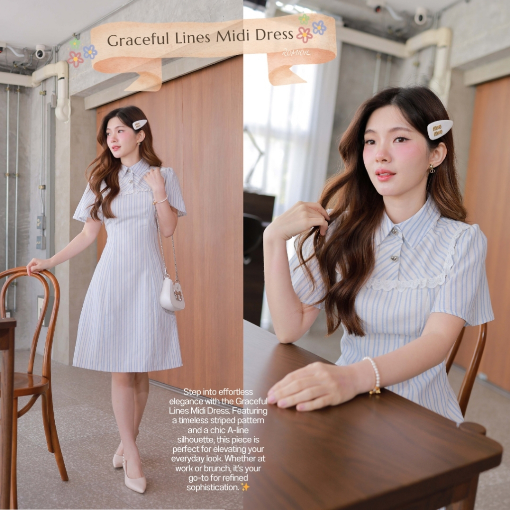 Romi"Oil" Graceful Lines Midi Dress (Blue) J587 ชุดเดรสสีฟ้า (คอปกลายทางแต่งกระดุมหัวใจ)