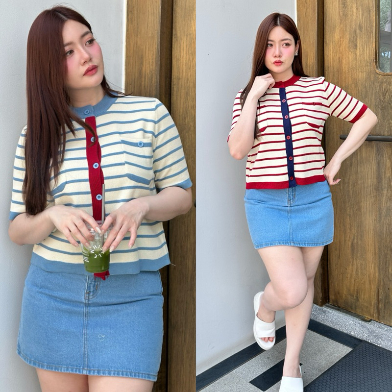 ZOEY TOP เสื้อไหมพรมลายริ้วแขนสั้น