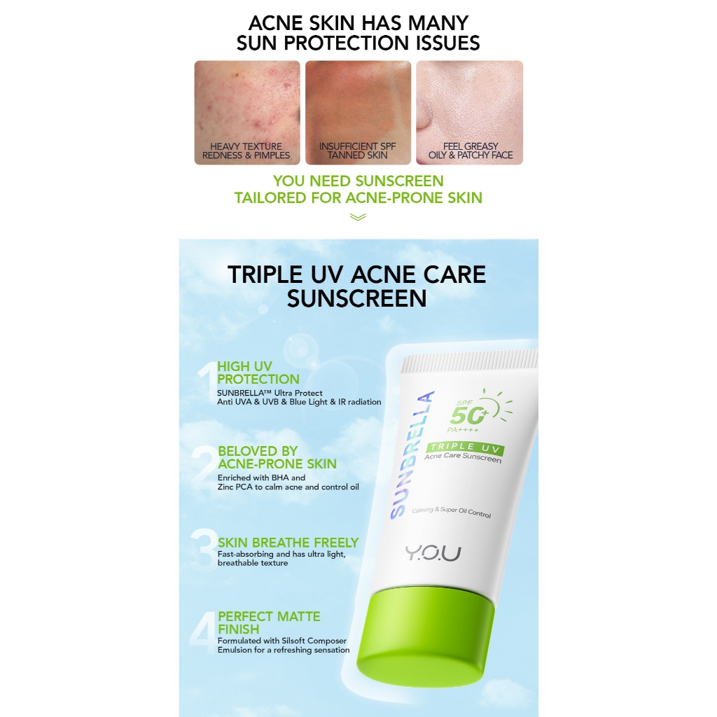 Y.O.U Acne Sunscreen (30g) ยู ครีมกันแดดดูแลสิวที่เบาสบายเป็นพิเศษและสดชื่น — صورة 6