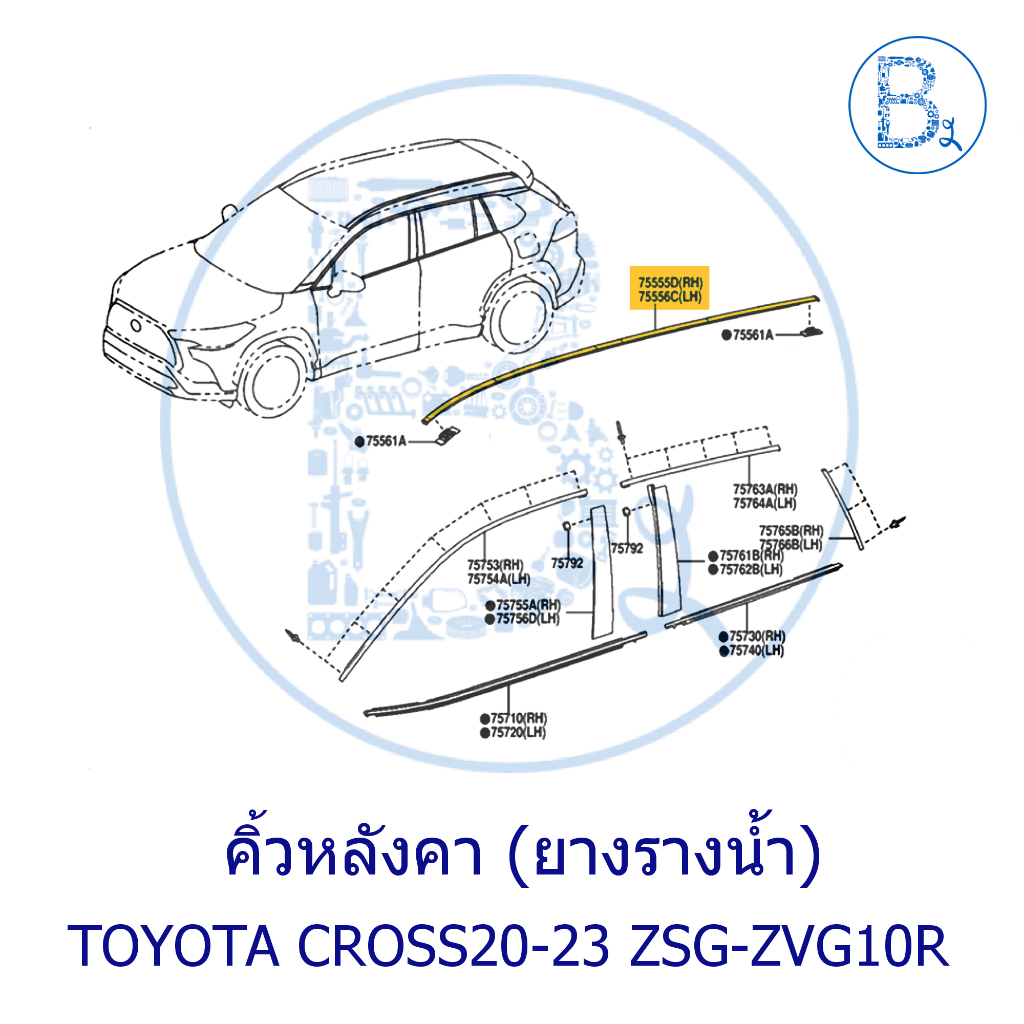 **อะไหล่แท้** คิ้วหลังคา ยางรางน้ำหลังคา TOYOTA CROSS20-23 ZSG10R,ZVG10R