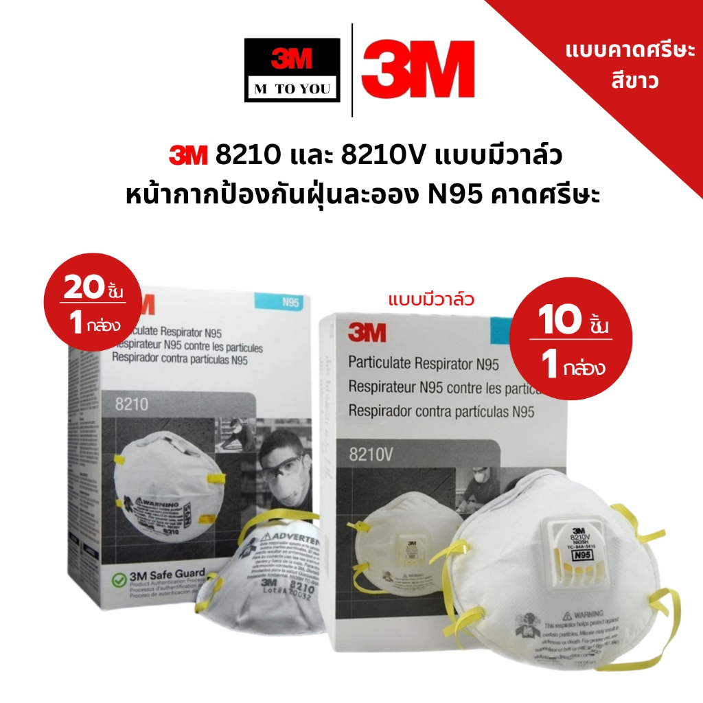 3M 8210 หน้ากากป้องกันฝุ่น ละออง N95 แบบคาดศรีษะ และ 3M 8210V แบบมีวาล์ว N95 / 1กล่อง